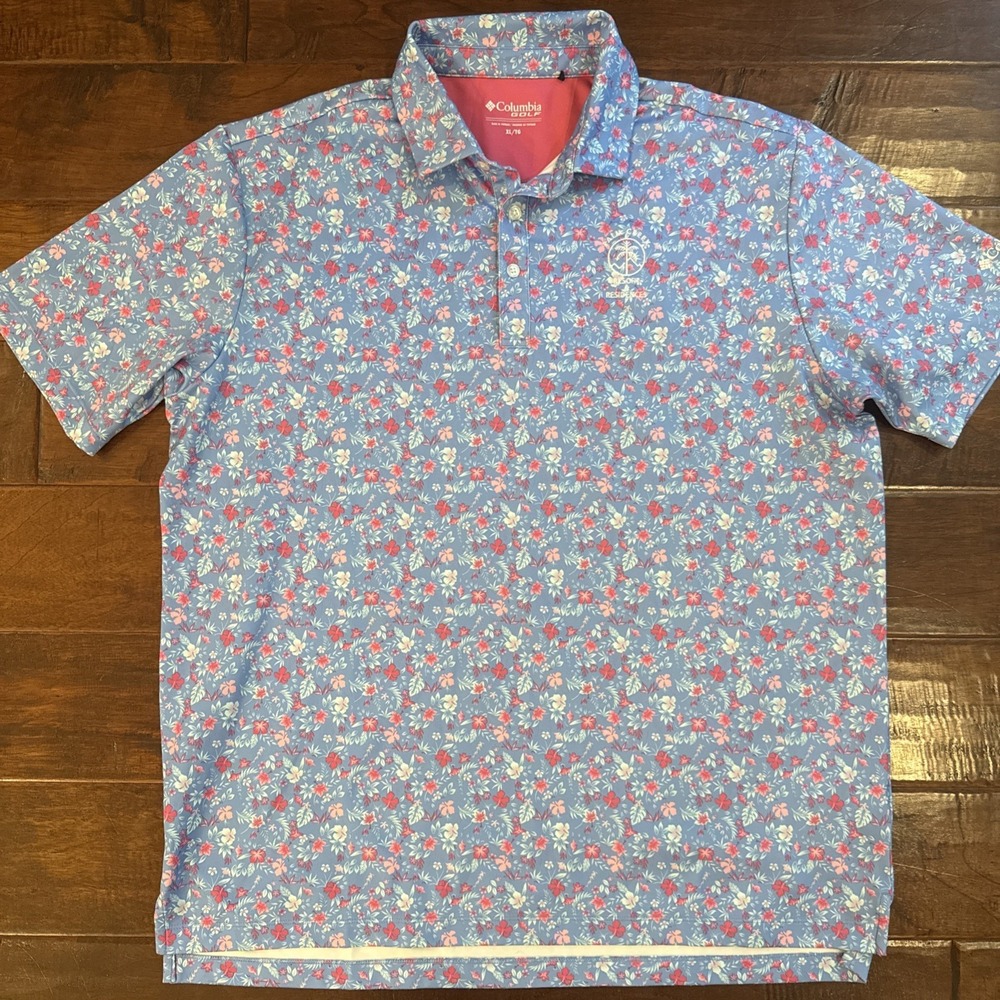 Columbia Golf Men XL Blue Tropical Floral Polo Palm Creek Resort Shirt